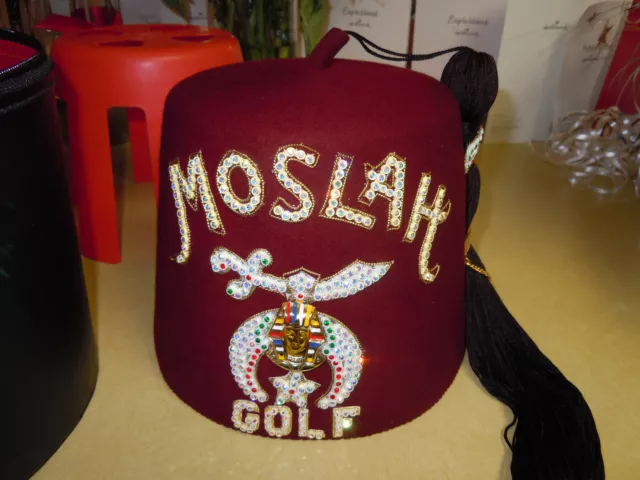 Vintage "Moslah" Heavy Jeweled Shriner Hat - Golf - $100 Million Pin - Hard Case