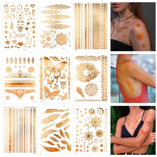 Gold Metallic Fake Tattoos – Wasserfest, Temporär, 9 Motive, Für Festival, Karneval, Party & Urlaub