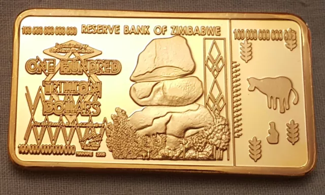100 Trillion Dollar Zimbabwe Gold Bar Bank Note Money Africa Unusual Ingot Bill