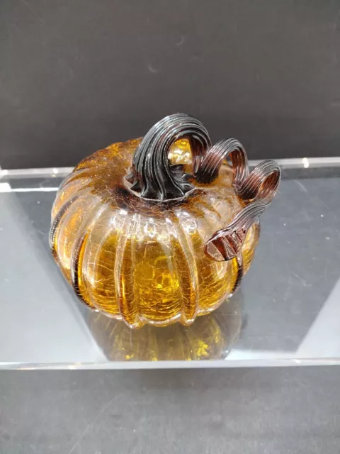 Vtg Hand Blown Art Glass Pumpkin  crackled Amber glass, Stunning And Beautiful