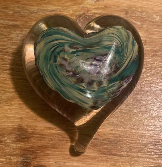 Hand Blown Art Glass Heart Paperweight Green Purple