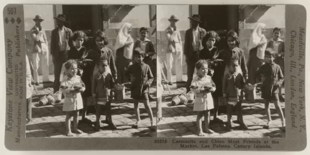 Square Top Keystone Stereoview Kids at Market, Canary Islands 30's 1200 Set #507