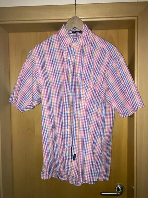 Men's GANT short-sleeved collared shirt - Pink/Purple/Blue/White Checked- Medium