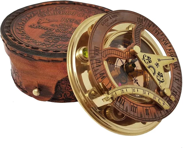 Cadran solaire Montre en cuir Laiton Boussole Cuir Antique Vieil Or Lustre