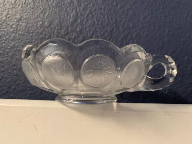 Vintage Fostoria Coin Glass American Eagle Clear Handled Nappy Bowl Candy Dish