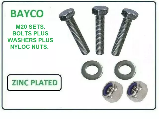 M20/20Mm Bolt/Nuts/Washers Complete Sets. Full Thread Zinc Hex Head Bolts Screws