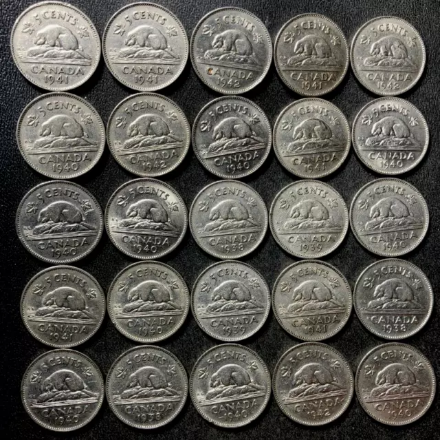 Old Canada Coin Lot - 1937-1942 - 25 Old Round Type Nickels - Lot #J7