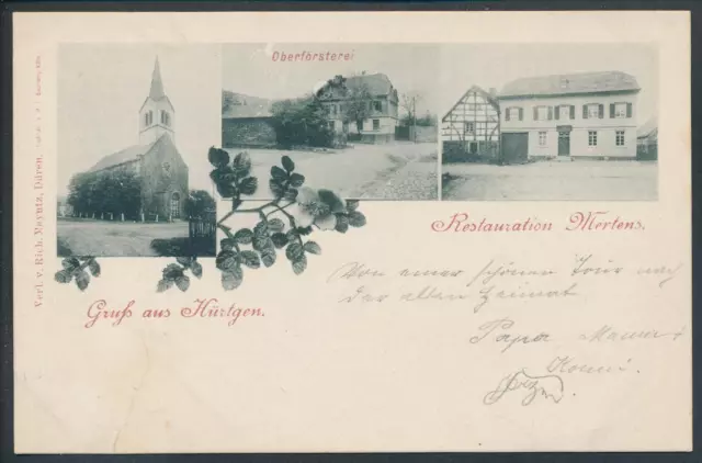 AK Gruss aus Hürtgen Restauration Mertens Oberförsterei Kirche ca 1905