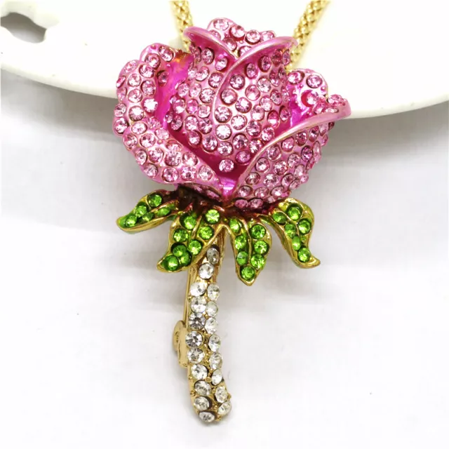 New Betsey Johnson Pink Crystal Rhinestone Rose Flower Pendant Chain Necklace