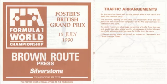 1990 British Gp Silverstone F1 Brown Route Press Window Ticket Pass Prost Win
