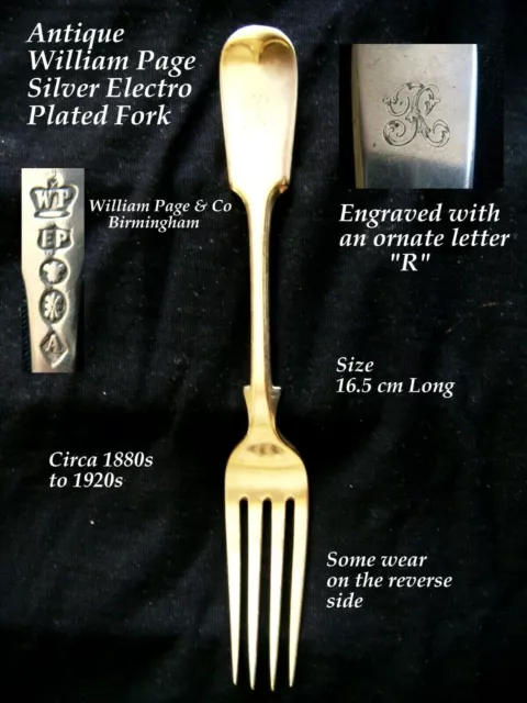 antique William Page & Co silver plated fork C1880- 1920 engraved curly script R