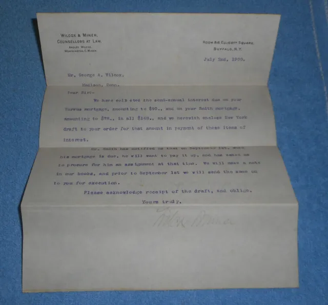 1900 Wilcox & Miner NY Lawyers Letter To George A Wilcox of Madison Connecticut
