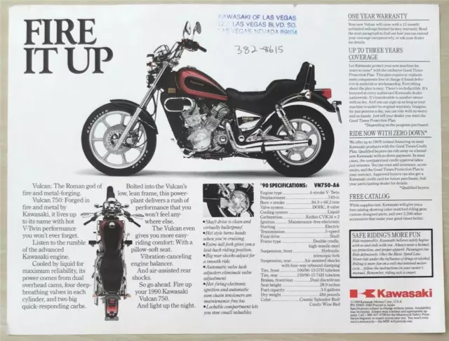 KAWASAKI VULCAN 750 Motorcycle USA Sales Specification Leaflet 1990 #99969-2080 2