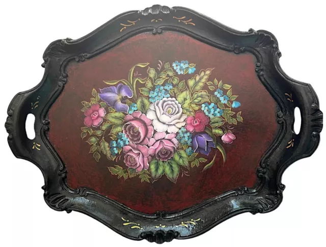 Hand Tole Painted Floral Wood Tray Table Wall Tea Large Lite Weight 15x20”