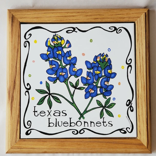 Solid Oak Wood Tile Trivet • Texas Bluebonnets • Kathryn Designs 2004 • 7½" sq.