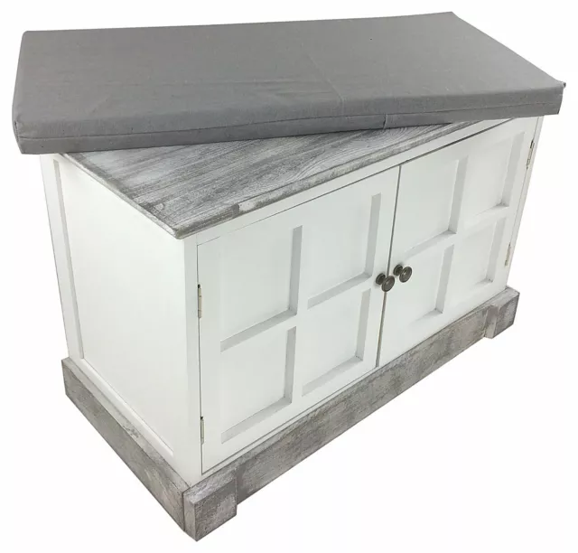 Shabby Chic White Wooden Cabinet Cupboard Entry Bench Grey Cushioned Top Storage