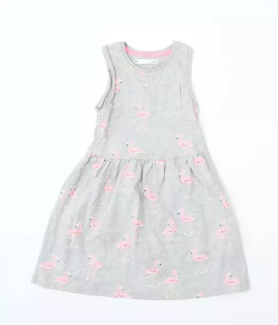 Marks and Spencer Girls Grey Geometric Cotton Skater Dress Size 5-6 Years Round