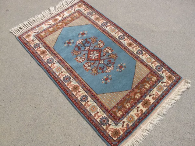 Petit tapis floral noué à la main, bleu, 2.7x4.3, en laine orientale turque 3
