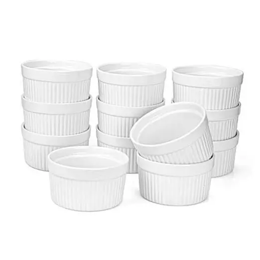 Set of 12 Pcs 6 oz Porcelain Souffle Dishes, White Ramekins Bakeware Set