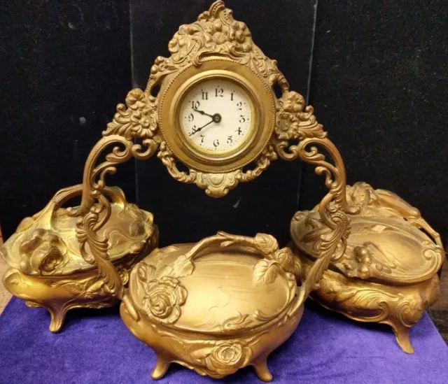 3 Piece RARE Old Ornate Gold Gilt Rose/Floral Design CLOCK & JEWELRY CASKET BOX