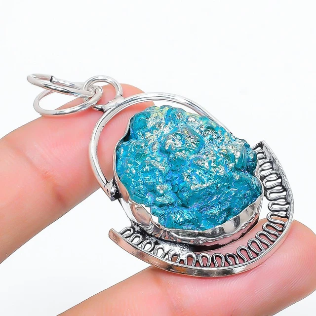 Blue Titanium Druzy Gemstone 925 Sterling Silver Jewelry Pendant 2.29" q116