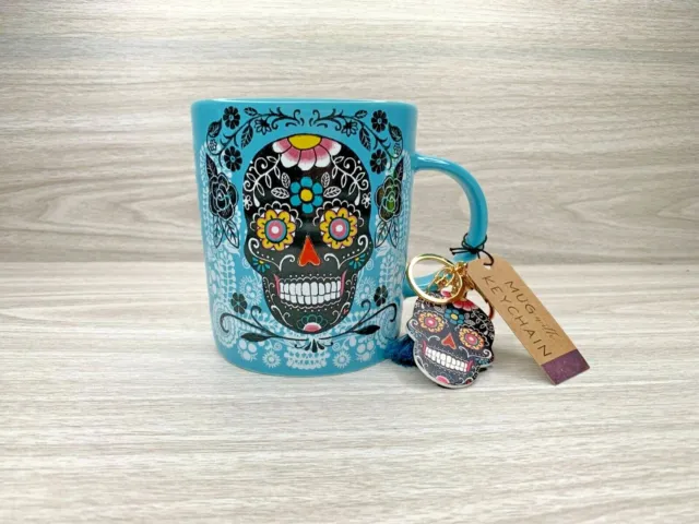 Prima Design Sugar Skull Coffee Mug and Key Chain Set Aqua 24 ounce capacity