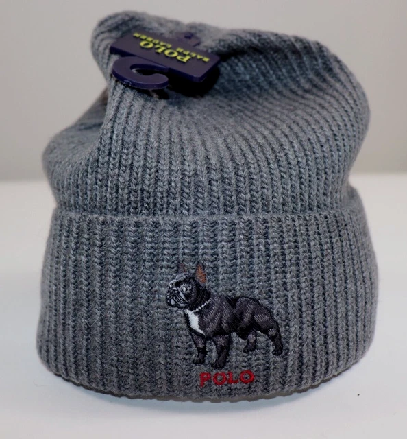 NWT $68 RALPH LAUREN OS Men's Charcoal POLO BULL DOG Fisherman Ribbed Knit Hat