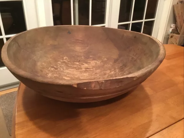 Early Large Antique Primitive Turned Wooden Dough Bowl Approx 20.5" x 19.75"
