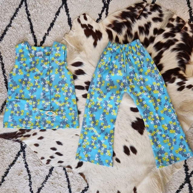 Vtg 60S Deadstock Matching Set Flower Belted Cotton Tunic Pants Approx 2-3 Years