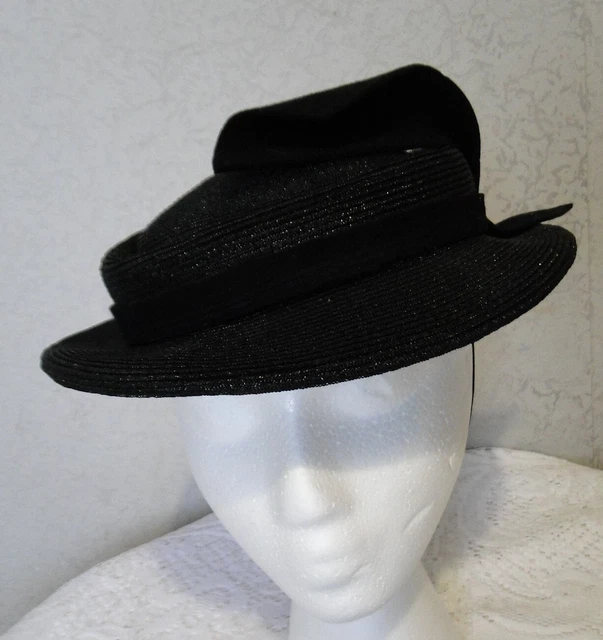 Chapeau Vintage Femme Années 50 - Paille Et Velours Noir Et Blanc, Taille Unique