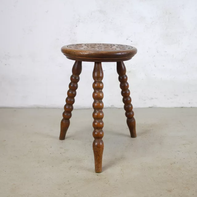 Antique Vintage Carved Oak Bobbin Legged Tripod Side Table Stool