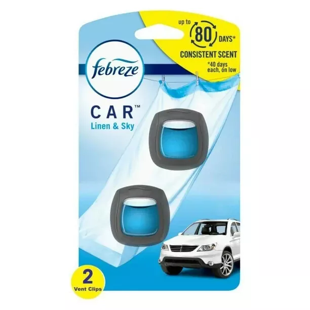 Febreze Car Air Freshener Vent Clip Linen & Sky Scent, 2 Count