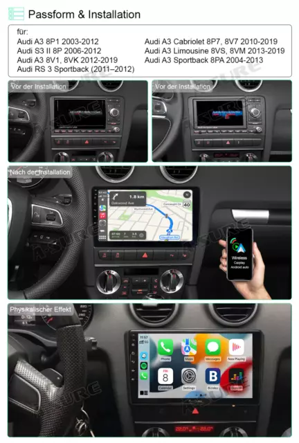 Android 12 Autoradio GPS Navi  Wireless CarPlay für AUDI A3 S3 RS3 8P 8V DAB+ 3