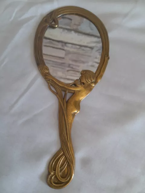 Beautiful Art Nouveau Deco Hand Held Vanity Mirror Brass vintage lady nude