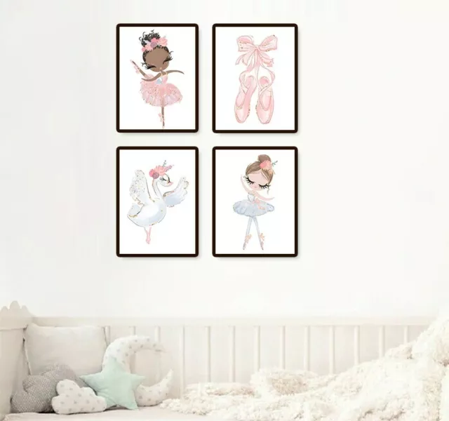 Wall Art Nursery Decor Baby Girl Pink Ballerina Ballet Set of 4 Prints