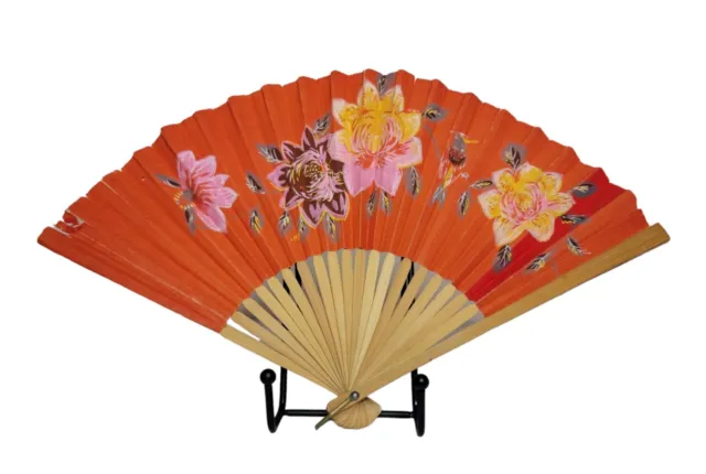 Vintage Hand Painted Floral & Exotic Bird Paper Folding Hand Fan Made In Japan