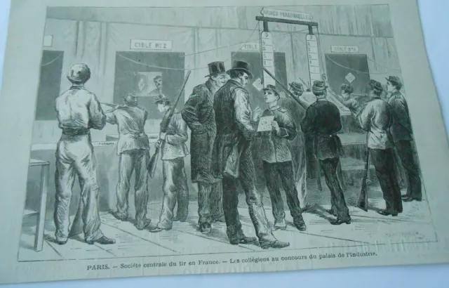 Gravure 1875  Paris Société centrale du Tir en france Les Collégiens au concours