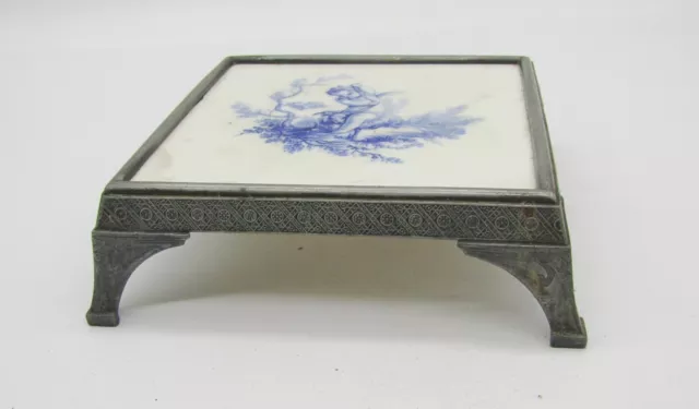 Antique Silverplate Aesthetic period trivet with Minton blue/white tile