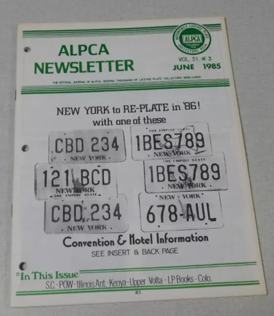 ALPCA Newsletter magazine June 1985 New York plates