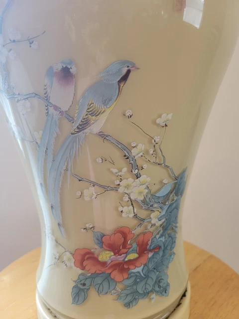 Vintage Beautiful Oriental Large Porcelain Table Lamp Flowers & Birds Pattern