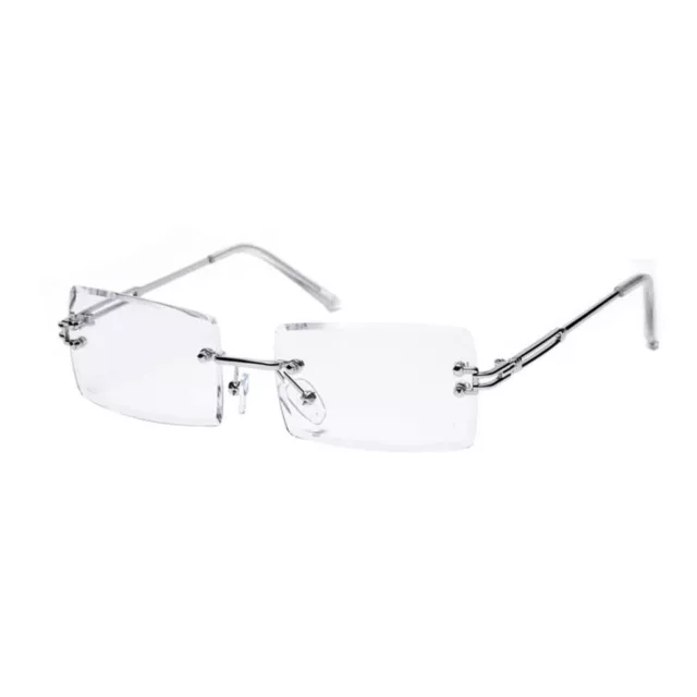 Men's Rectangle Silver Frame Retro Hip Hop Clear Lens Tint Rimless Glasses