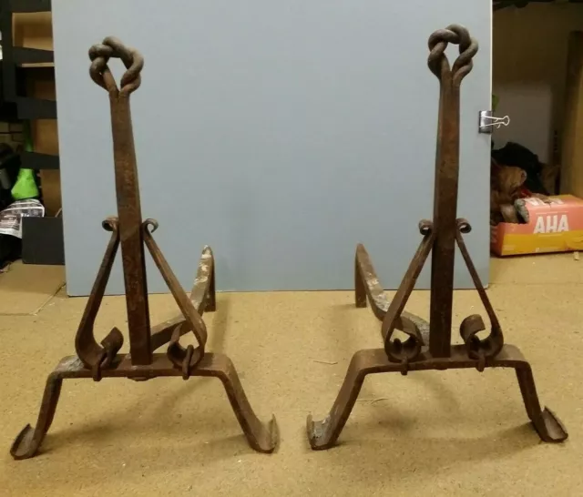 Antique 23" Hand Forged Wrought Iron Fireplace Andirons, Primitive Twisted Loop