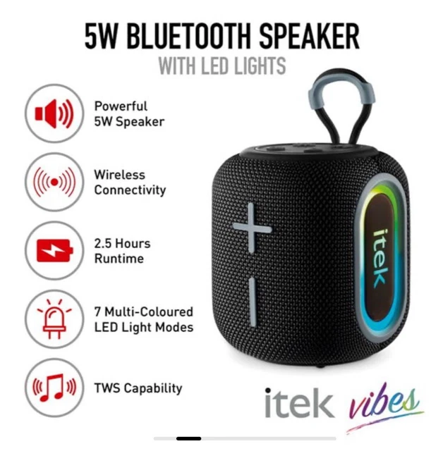 ITEK VIBES 5W Bluetooth Speaker LED Lights BRAND NEW £13.50