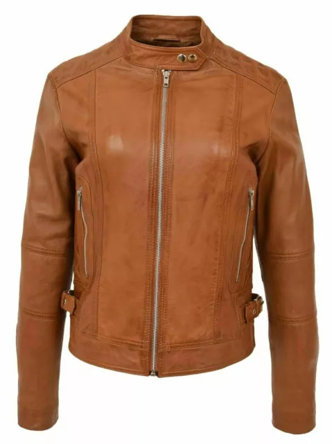 Women's Retro Style Tan Brown Biker Jacket 100% Real Lambskin Leather Moto Coat