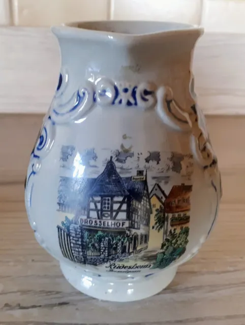 Weinkrug Steinzeug Weinkaraffe salzglasiert Motiv Rüdesheimer Dorfbild Vintage