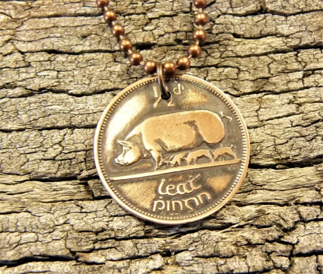 Pig & Piglets Coin Necklace - Ireland - Sow - Copper Charm - Irish Harp N229