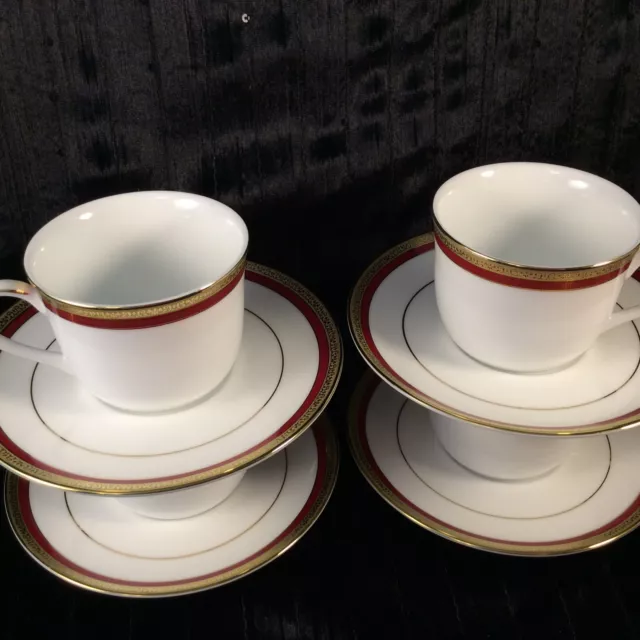 Charter Club Grand Buffet / Fashion Buffet Gold Red Band Cup & Saucer 4 Sets EXC