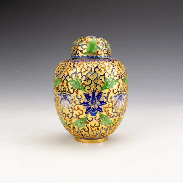 VINTAGE CHINESE CLOISONNE Enamel Oriental Flowers Gilt Brass Ginger