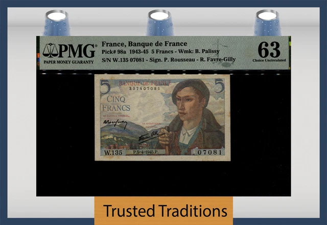 TT PK 98a 1943-45 FRANCE BANQUE de FRANCE 5 FRANCS PMG 63 CHOICE UNCIRCULATED