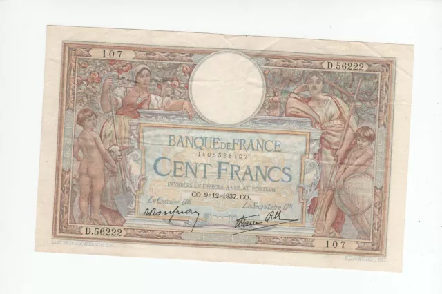 " Baisse de prix " Billet 100 Francs MERSON Modifié 09/12/37 TTB+ Fay 25-05